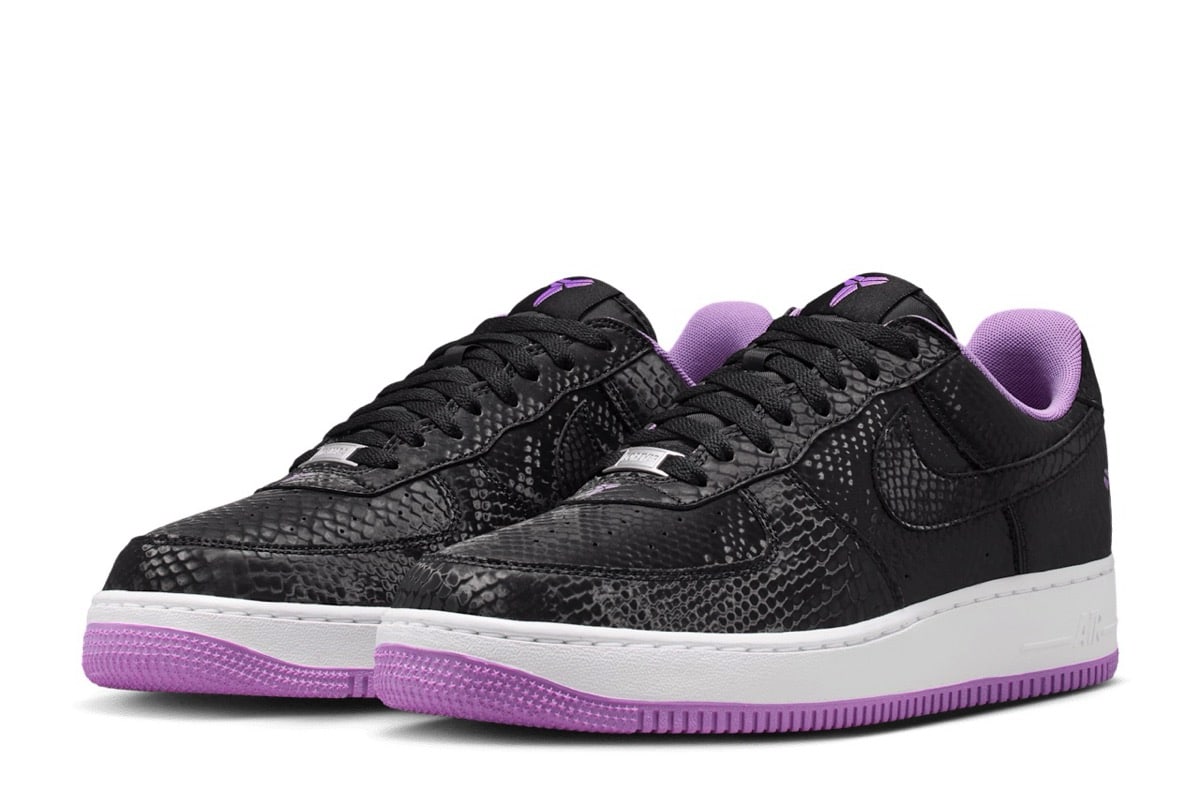 Kobe Bryant x Nike Air Force 1 Low „Black / Purple Stardust” – czarna sylwetka z wężową fakturą