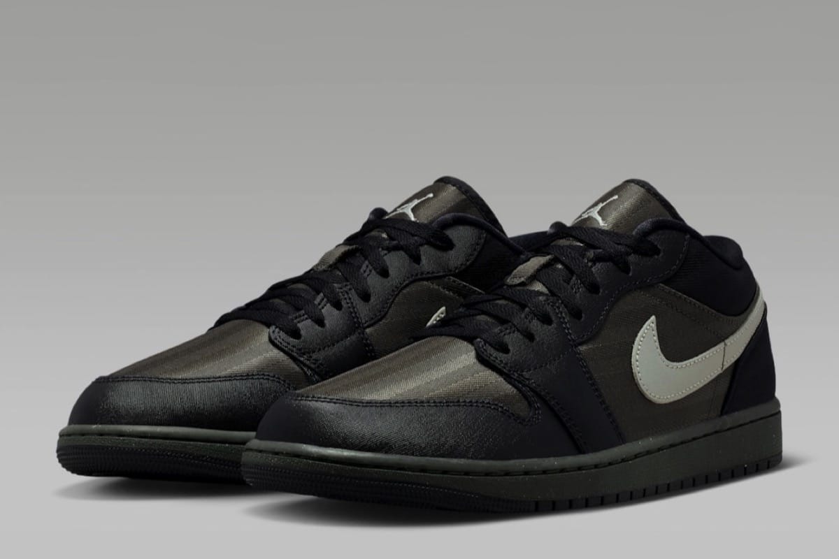 Air Jordan 1 Low „Black / Spruce Fog” – tekstylia z połyskiem zamiast skóry